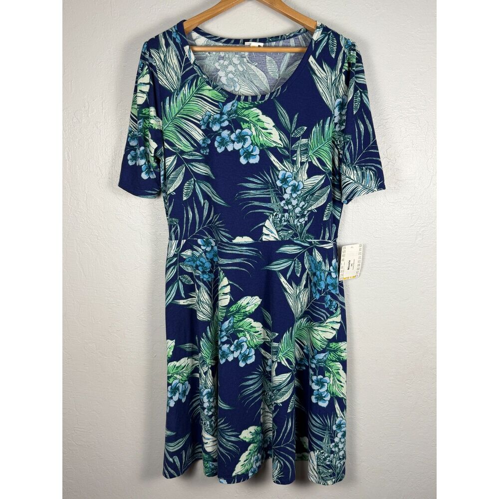 LuLaRoe Nicole Dress 3XL Blue Tropical Floral A-Line Stretch Pockets NWT